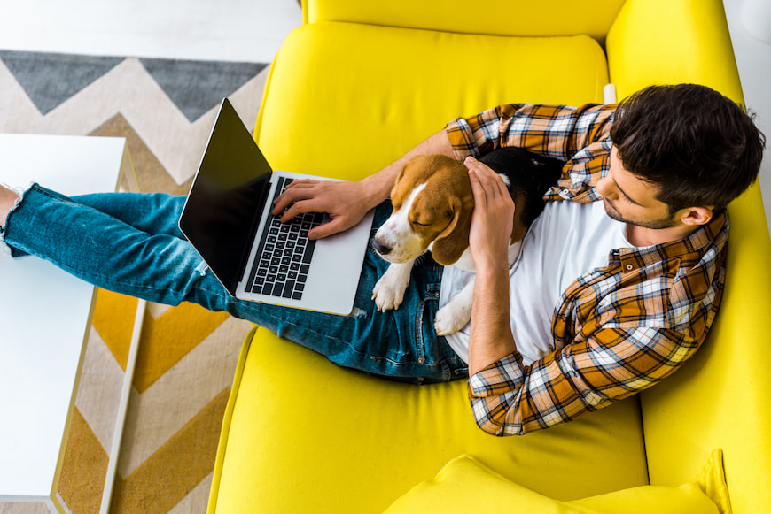 Man sitting on the couch with his dog while working on his laptop